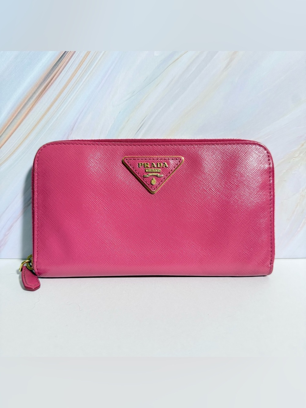 Prada Peonia (Pink) Saffiano Leather Zip Around Wallet